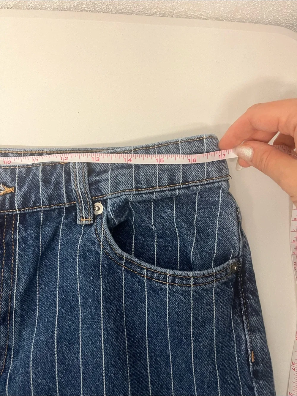 H&M Divided Pinstripe Straight Leg Jeans Size 10 Blue Denim